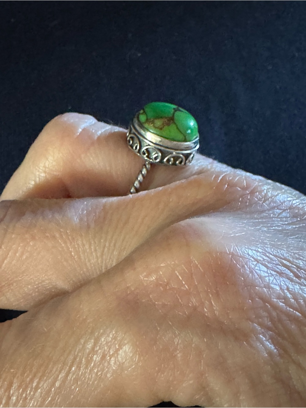 Sterling Silver Green Turquoise Bali Ring - Artisan Filigree - Size 5 - Picture 6 of 8